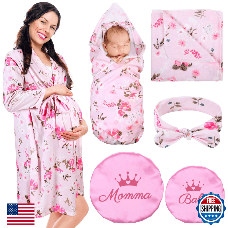 Mepase 5 Pcs Mommy And Me Hospital Matching Outfits Maternity Robe Swaddle - Image 1