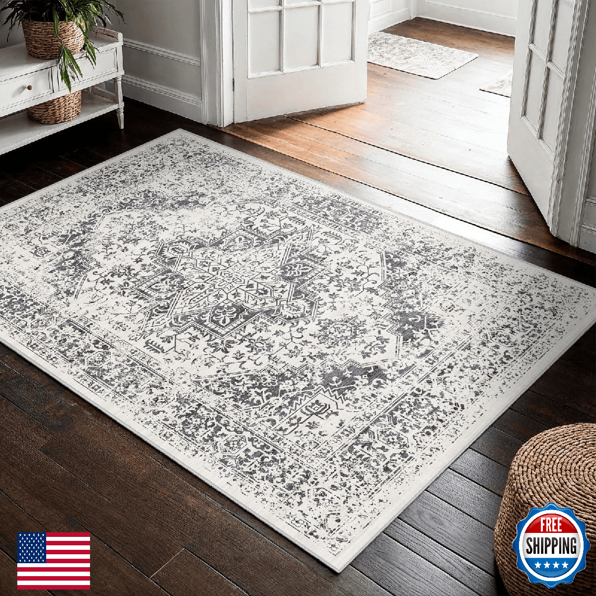 Washable 3x4 Area Rug Entryway Kitchen Non Slip Low-Pile Vintage Soft Thin Carpe - Image 1