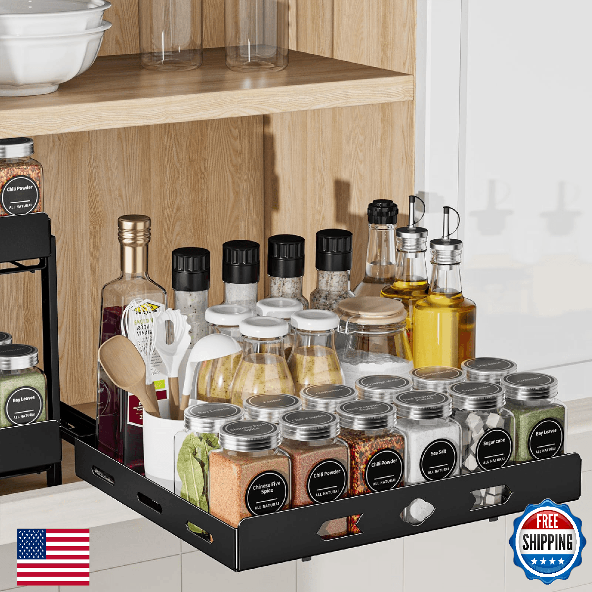 BOIVSHI Pull Out Spice Rack Organizer 1-Tier, Heavy Duty Metal, for Cabinet - Image 1