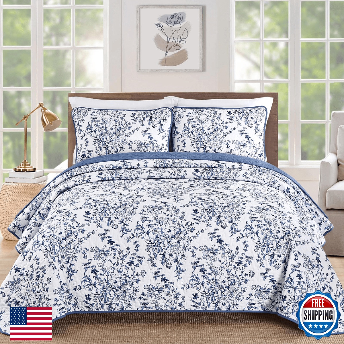 WONGS BEDDING Queen Quilt Set 3-Piece Blue Botanical Microfiber - Image 1