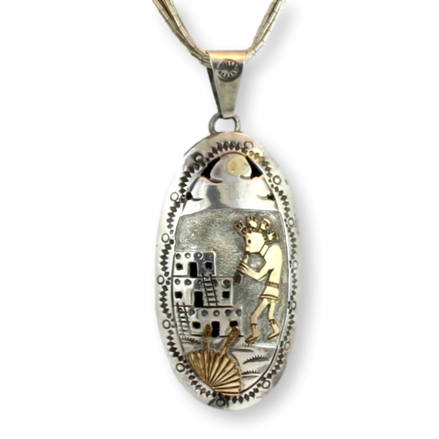 Navajo Henry Davis Sterling Silver Kokopelli Storyteller Pendant Necklace 12K Gold Overlay Liquid Silver 20” - 20 in - Image 1