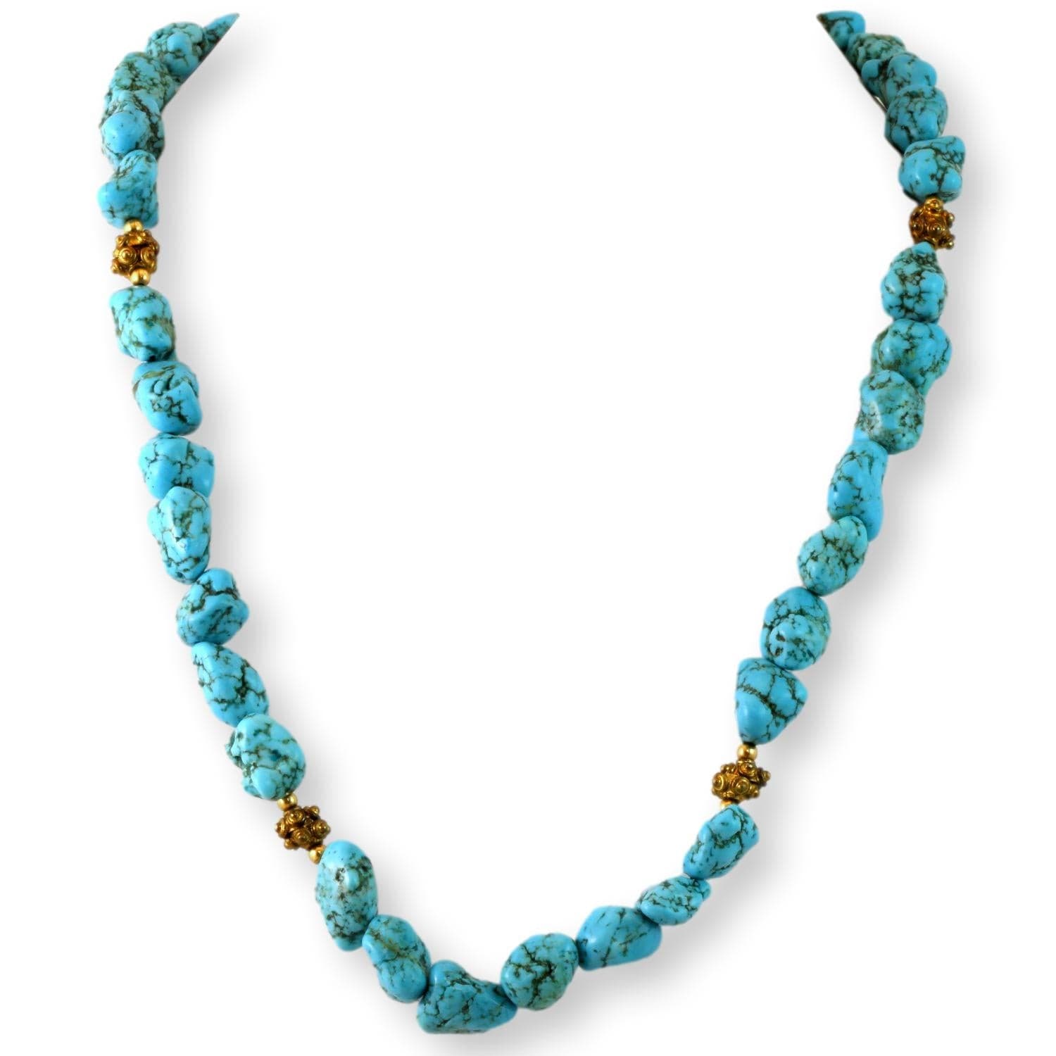 Turquoise Nugget Necklace - Brass Tone Accent Beads & Toggle Clasp - 21" - Image 1
