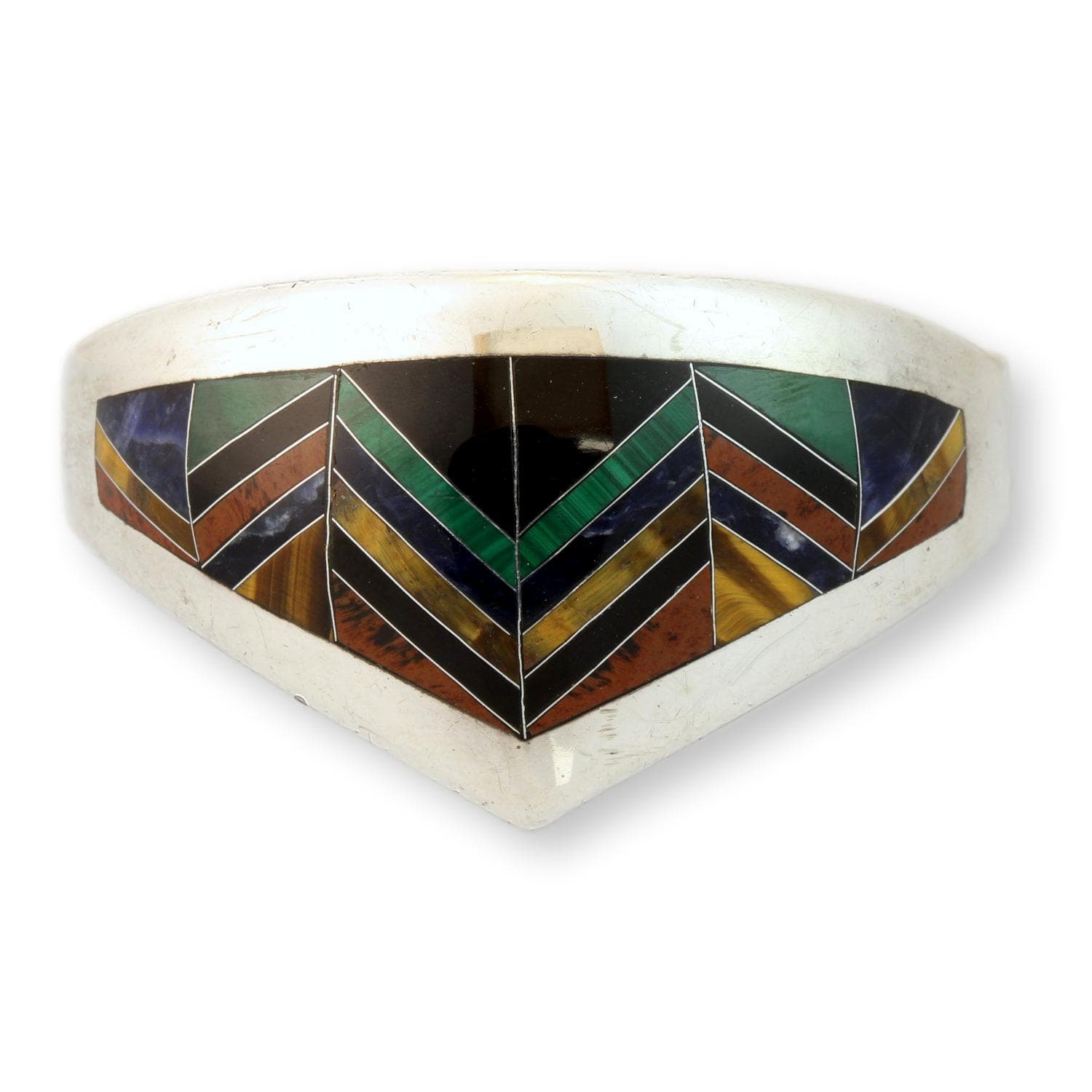 Vintage Mexican 950 Fine Silver Multi-Stone Inlay Hinged Bangle Bracelet - Size 7 - Image 1