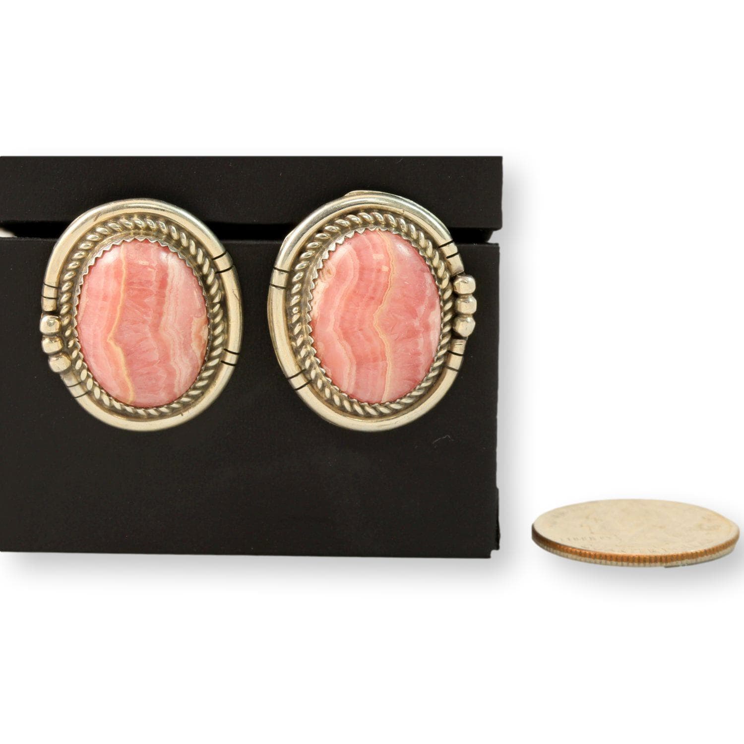 Sterling Silver Rhodochrosite Cabochon Earrings – Large Oval - 1.1625"(l) x 1.00"(w) - Image 1