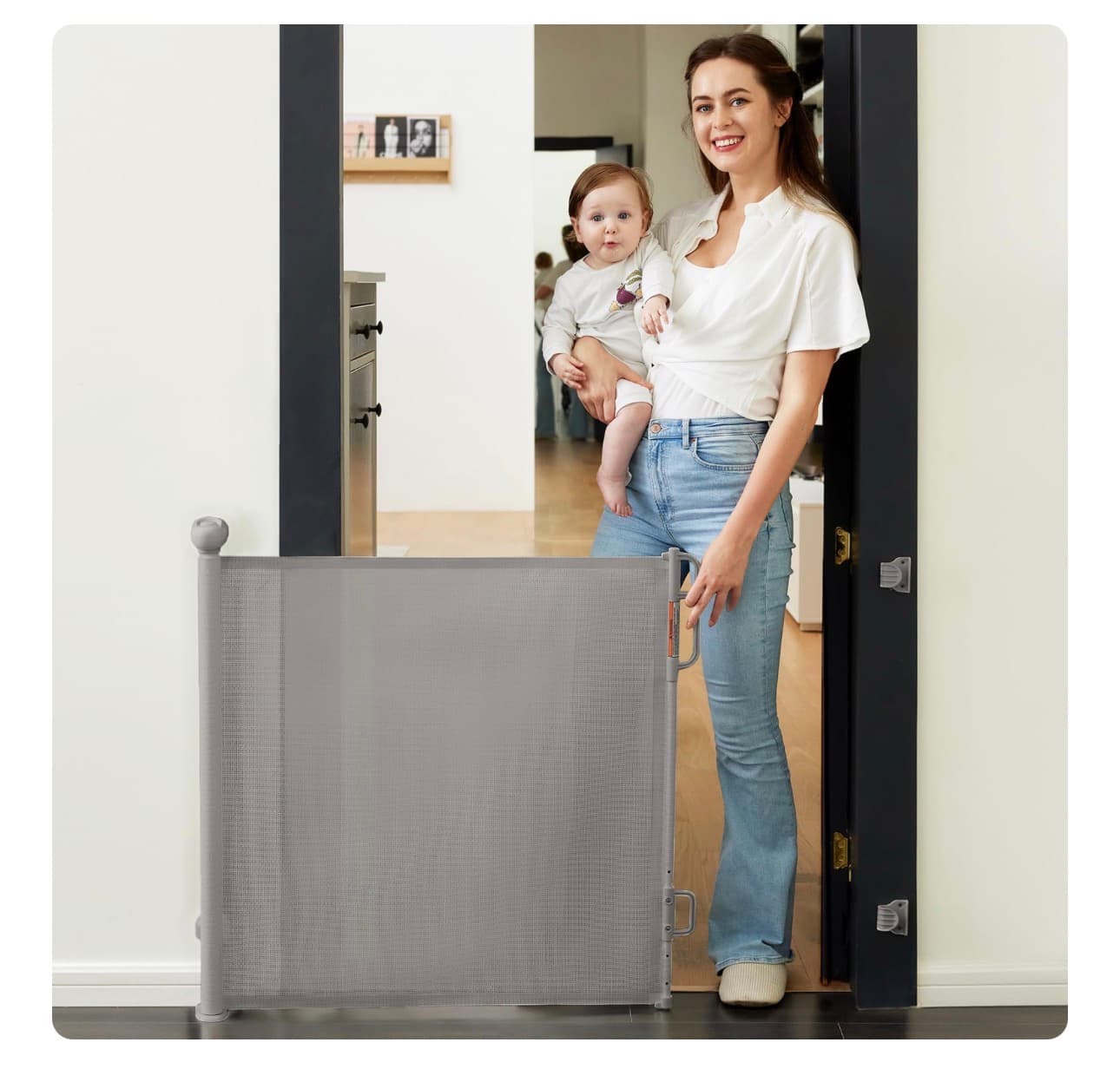 Momcozy Auto Lock Retractable Baby Gate, Safety Gate for Baby and Pet, 33" Tall, Extends to 55" Wide, Mesh Safety Dog Gate for Stairs, Indoor, Outdoor, Doorways, Hallways - Image 1