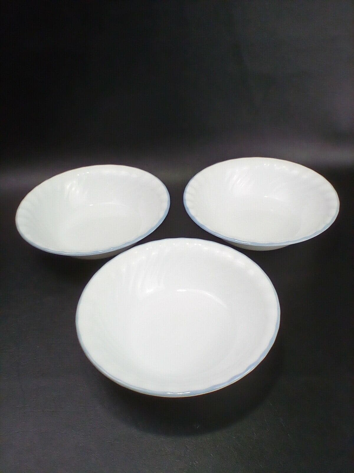 Corelle Delicate Touch 7 1/8" Cereal Bowls Set of 3 Swirl Fluted Light Blue Rim - Image 1