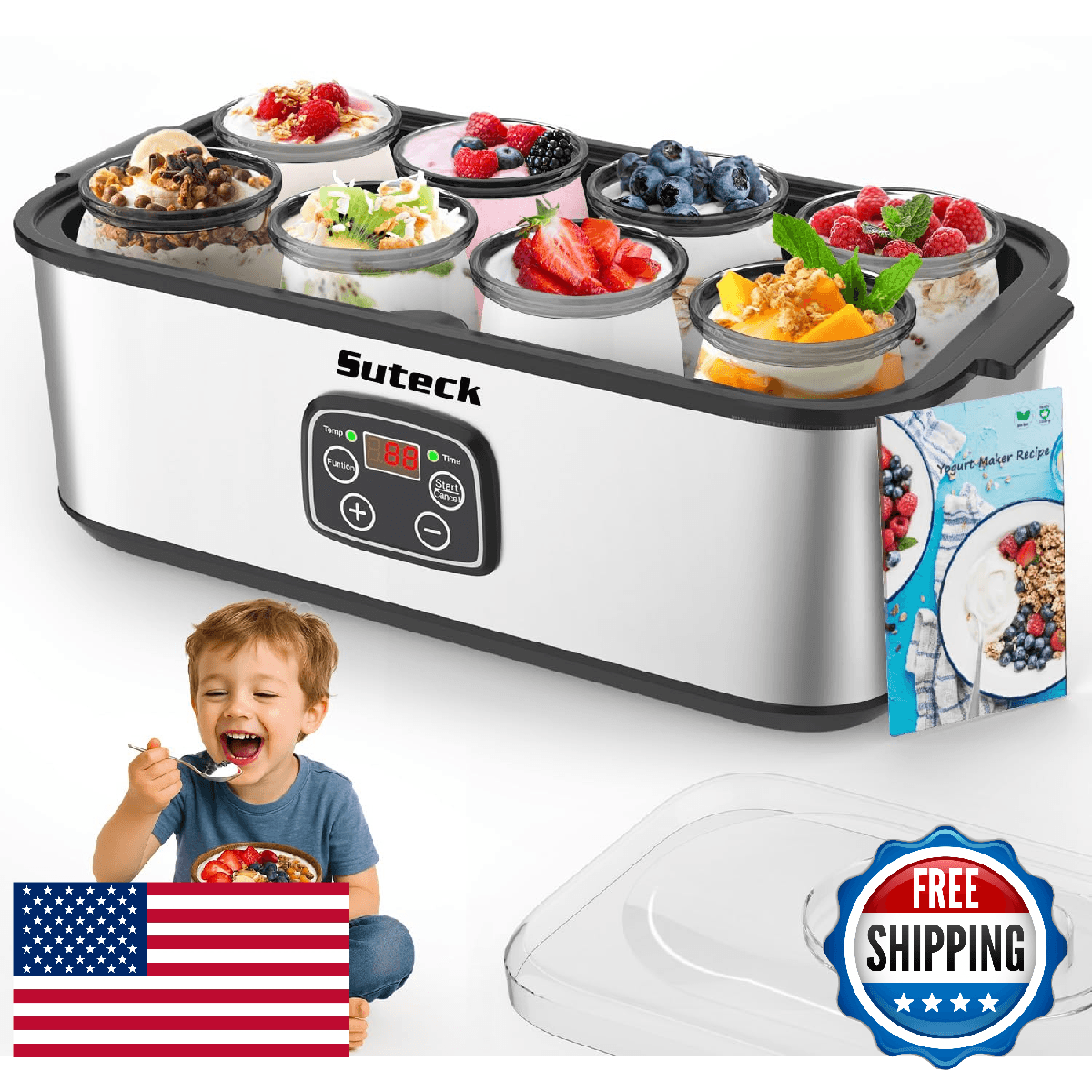 Suteck Yogurt Maker Stainless Steel Adjustable Time Temp Control Automatic Shut- - Image 1