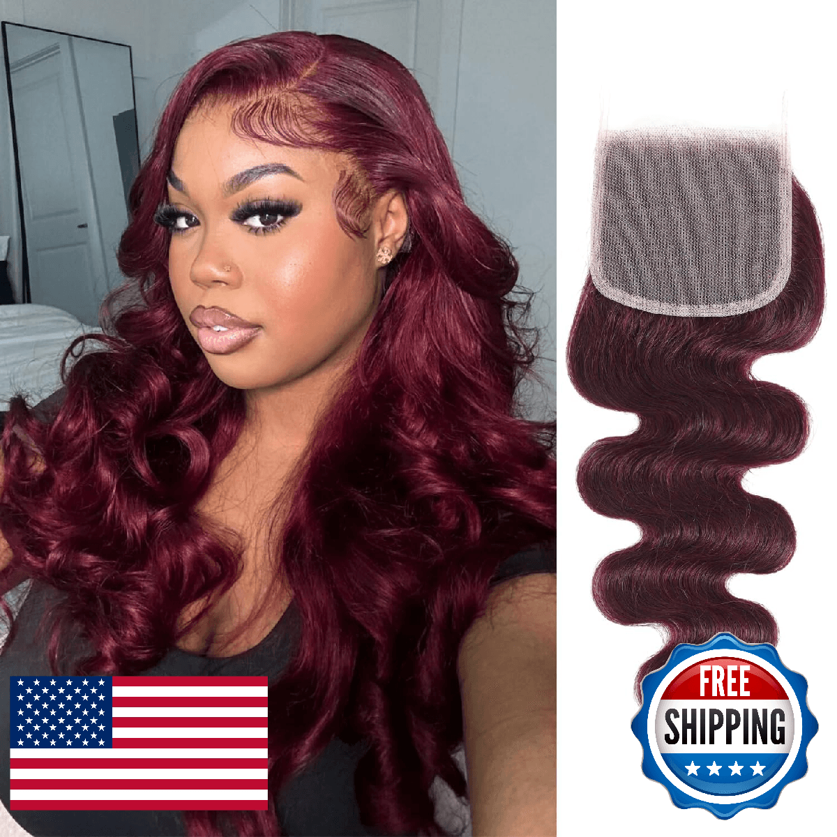 ALHER Burgundy Body Wave 4x4 Closure Human Hair 16" Dark Burgundy Wavy HD Lace P - Image 1