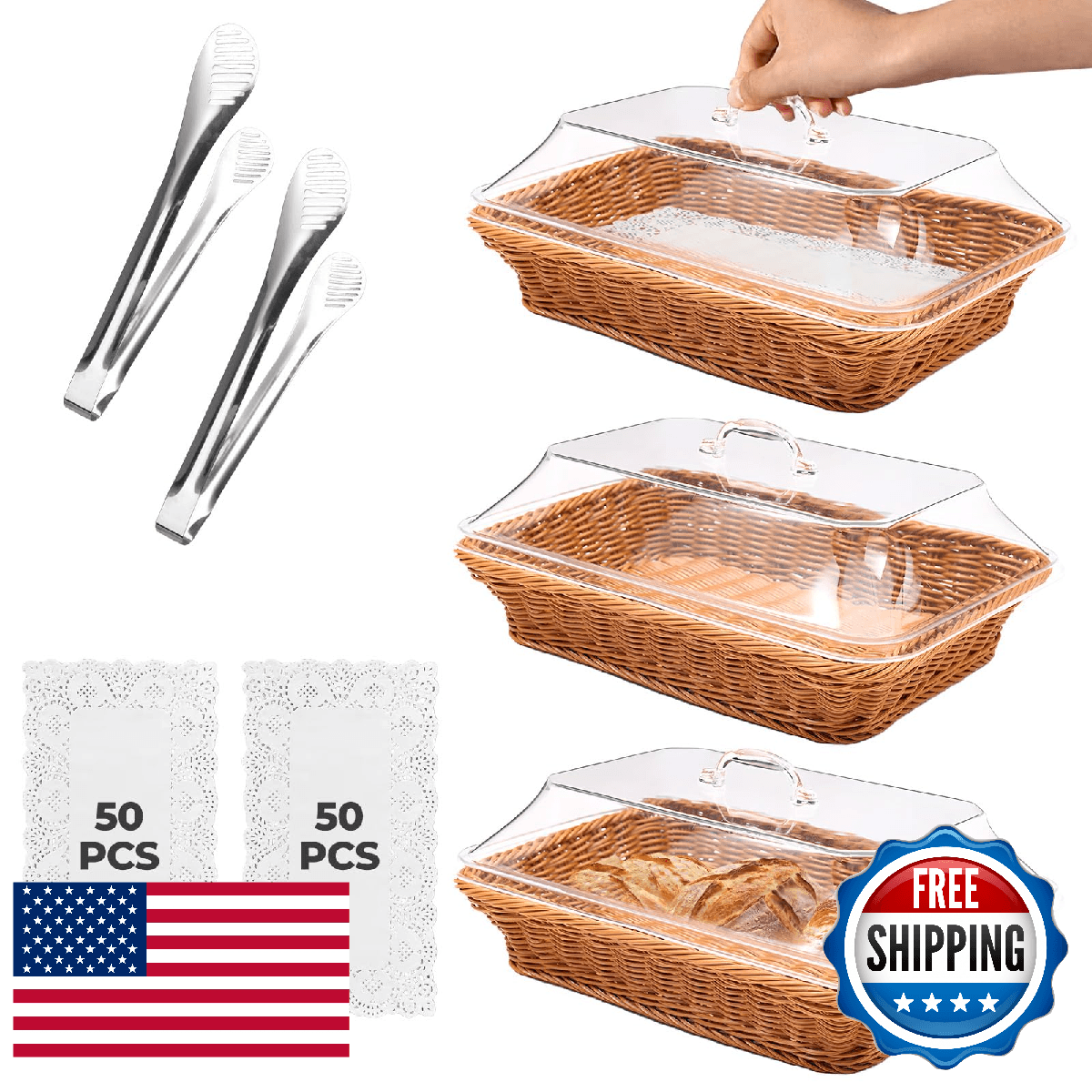 Rattan Bread Baskets, 3 Pack, rectangular Woven Baskets with Acrylic Lids, 13.8 - Image 1