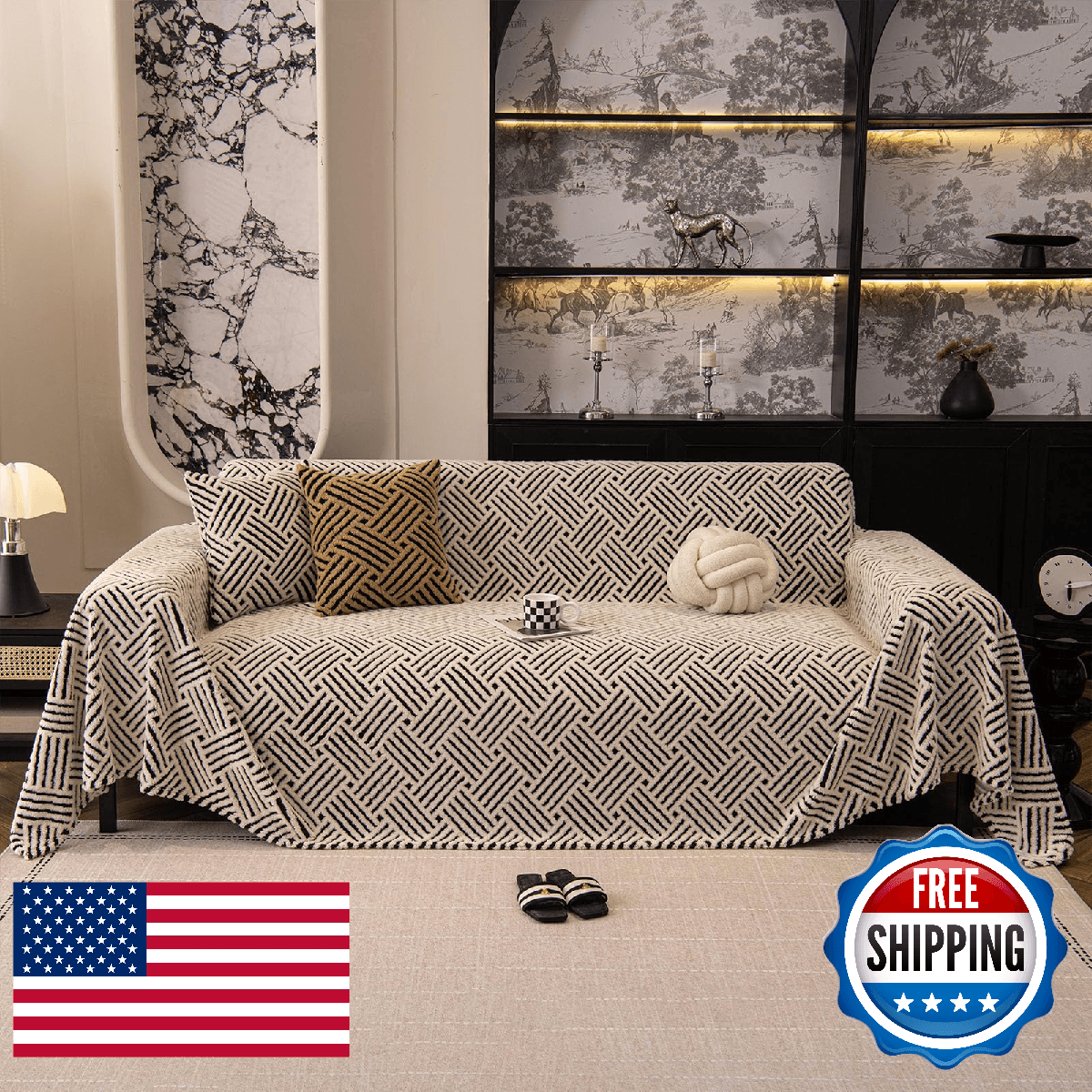 ROOMLIFE Striped Boho Black Couch Cover for 2-3 Cushion Sofa, Fuzzy Plush Warm S - Image 1