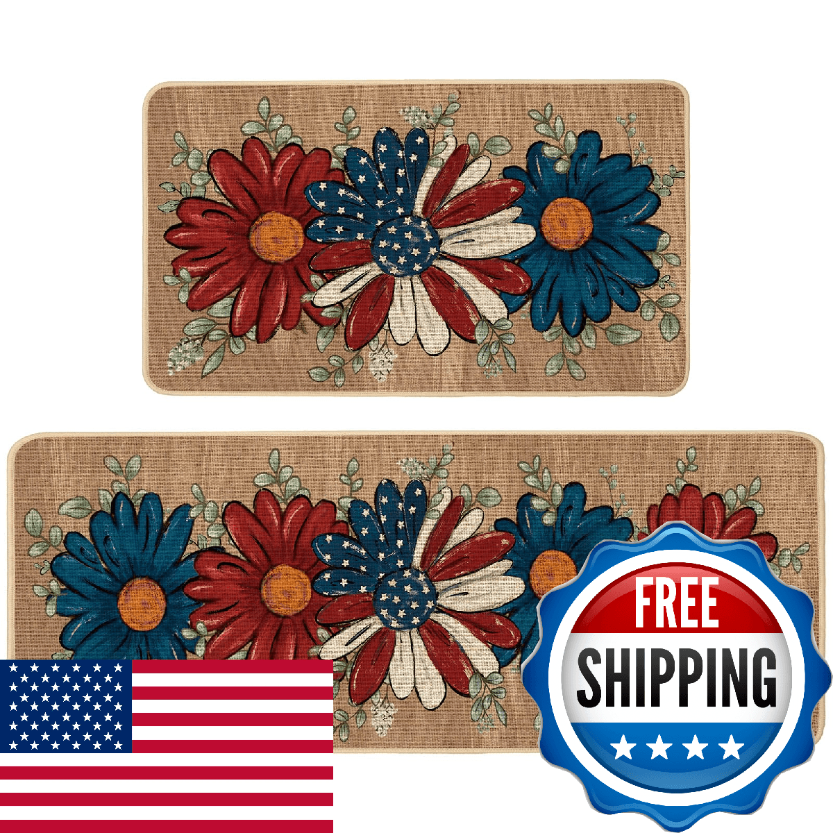 Baccessor Patriotic Daisy Flowers Kitchen Rugs Set of 2, Memorial Day 4th of Jul - Image 1