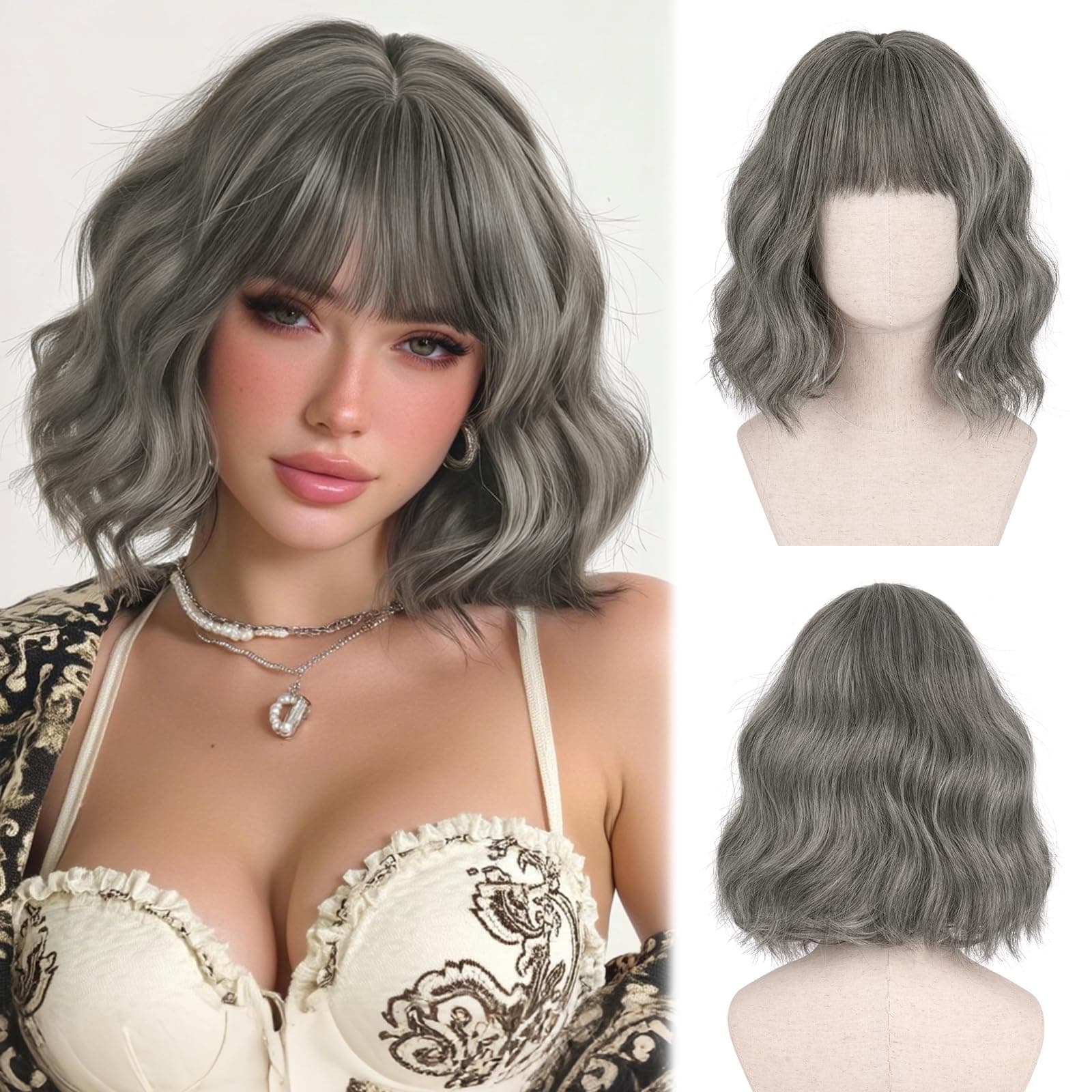 SOFEIYAN Short Silver Gray Brown Wig - 12 Inch Bob Wig with Bangs for Women Curl - Image 1