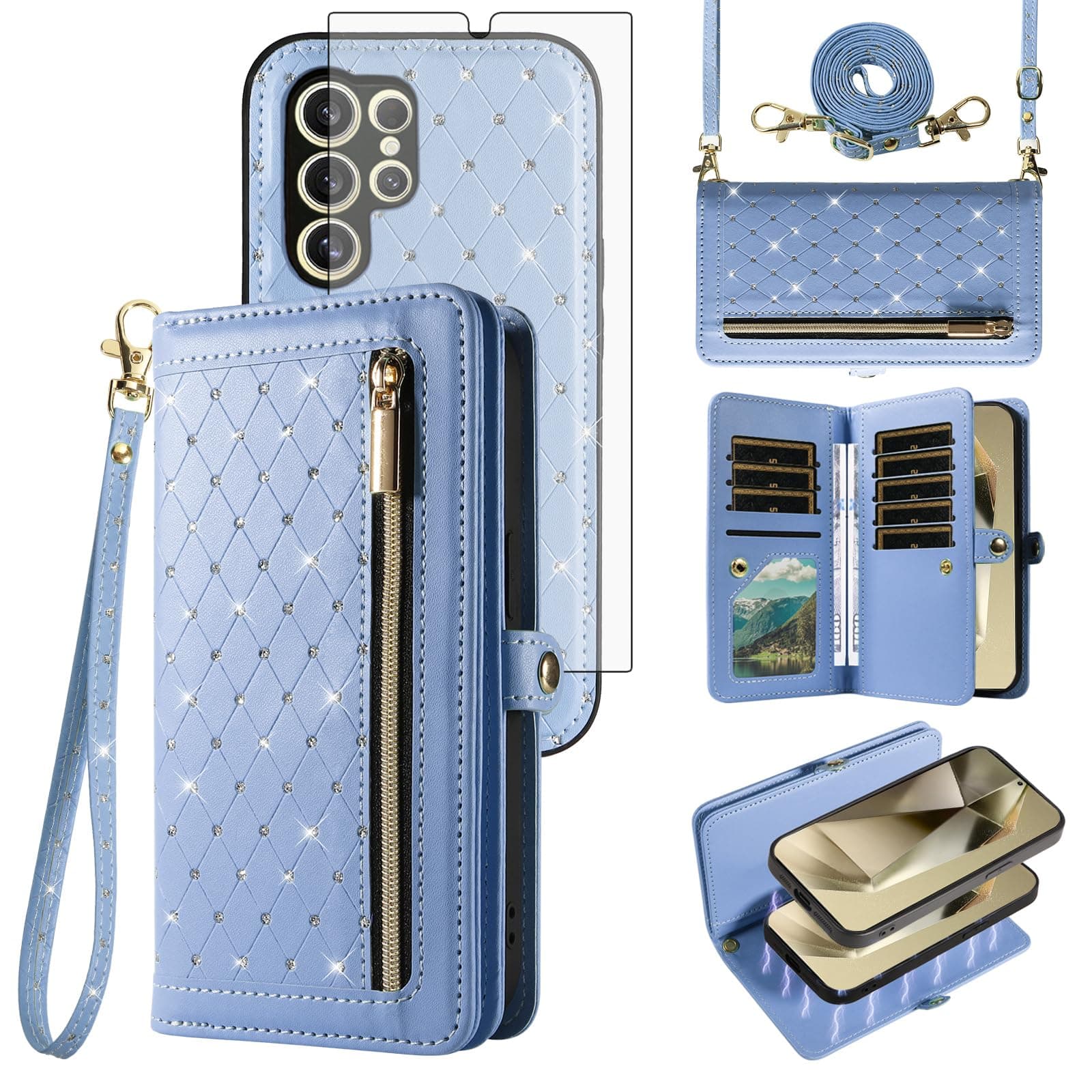 Samsung Galaxy S24 Ultra 5G Zipper Wallet Phone Case Screen Protector Glitter Fl - Image 1