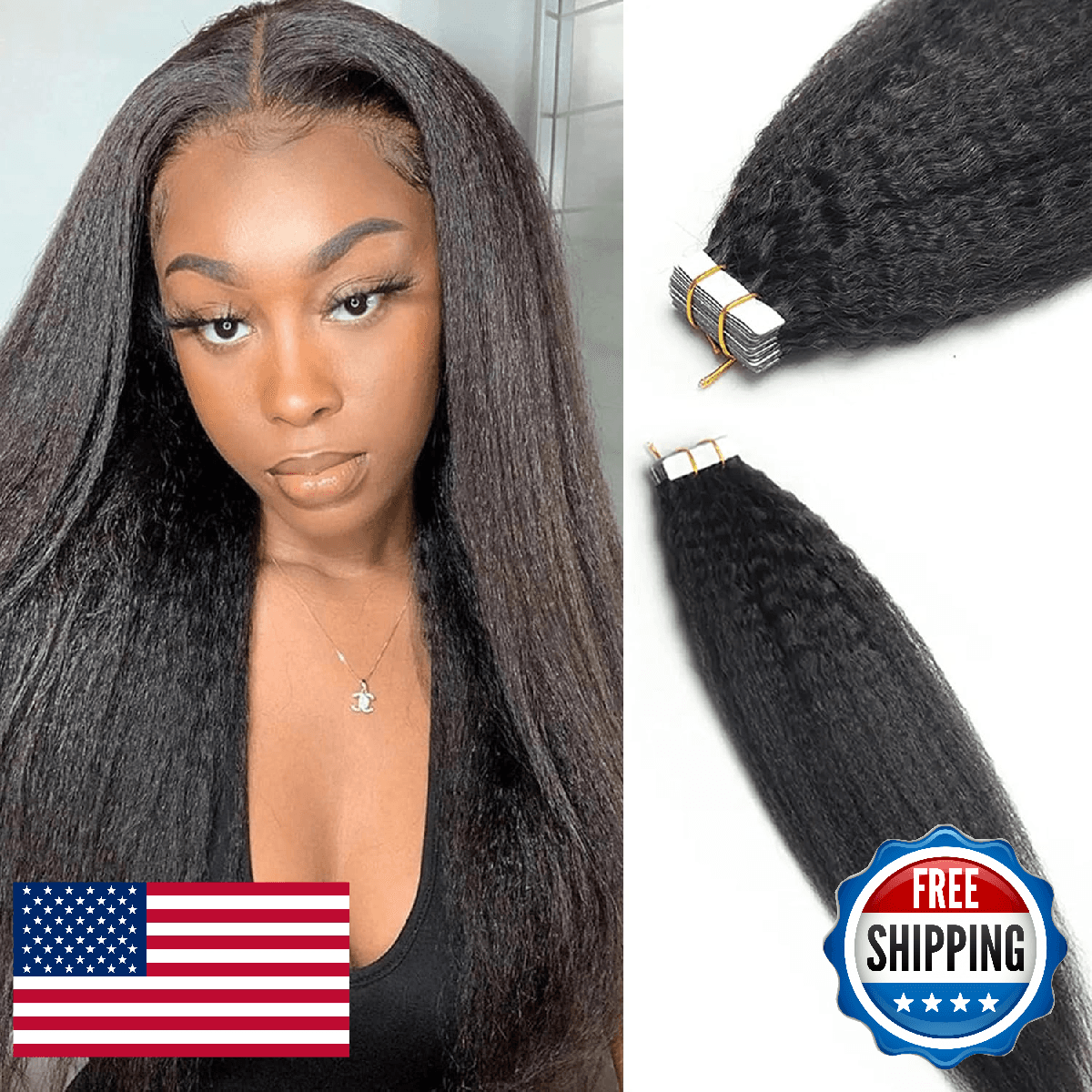 Invisible Hair Extension Tape 20in Human Hair Kinky Straight Double Sided Afro K - Image 1