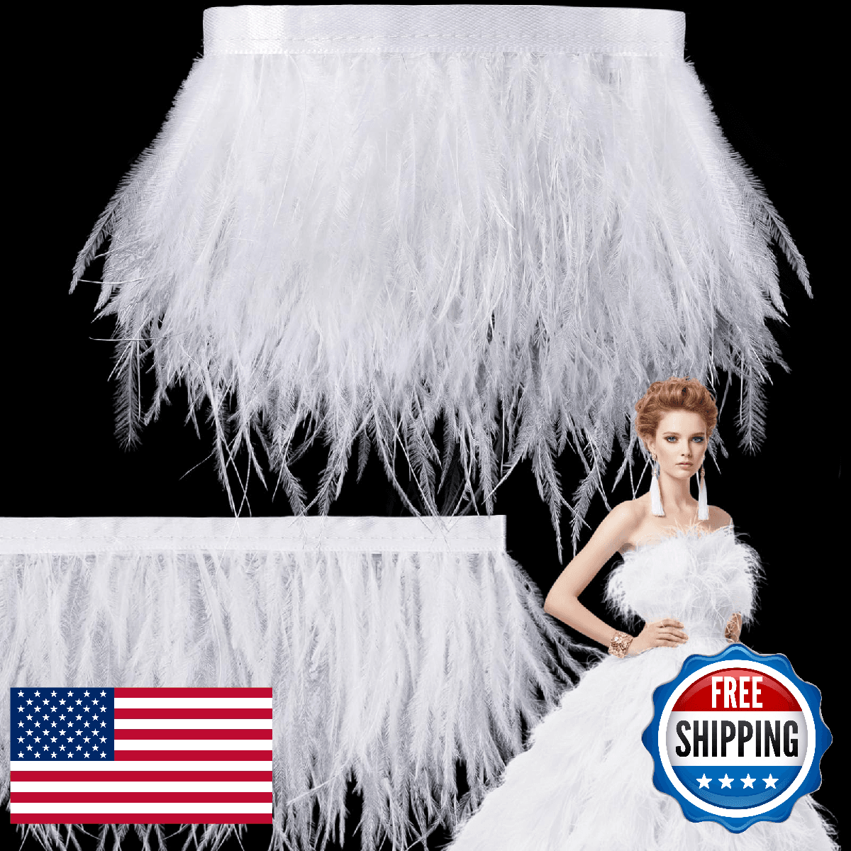 Janinka 10 Yards White Ostrich Feathers Trims 3-4 Inch Feathers Fringe Trim Ribb - Image 1