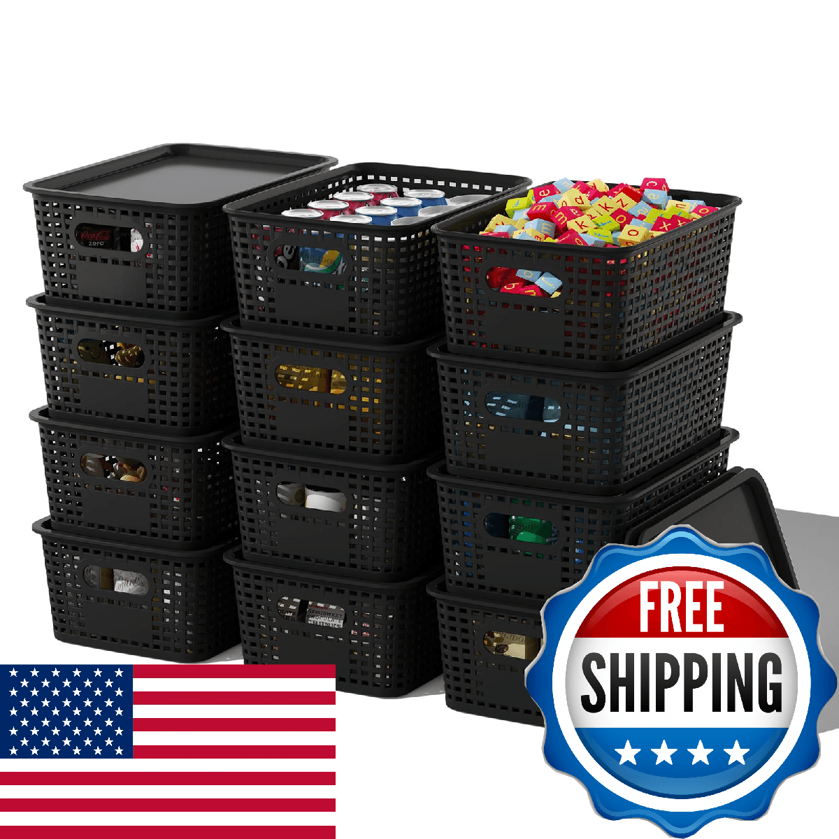 ORGIDOL Plastic Storage Basket with Lids 12 Pack Stackable Black Storage Bins Co - Image 1