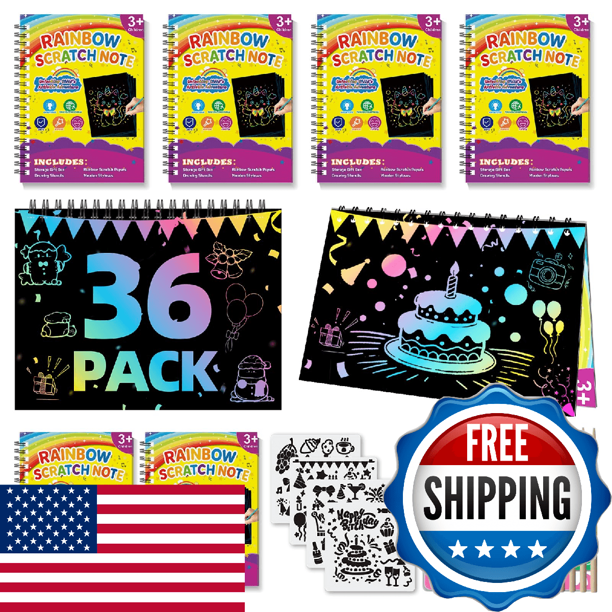 HXDOGSP Rainbow Scratch Art for Kids 36 Pack Art Crafts Notebook Party Favors Sc - Image 1