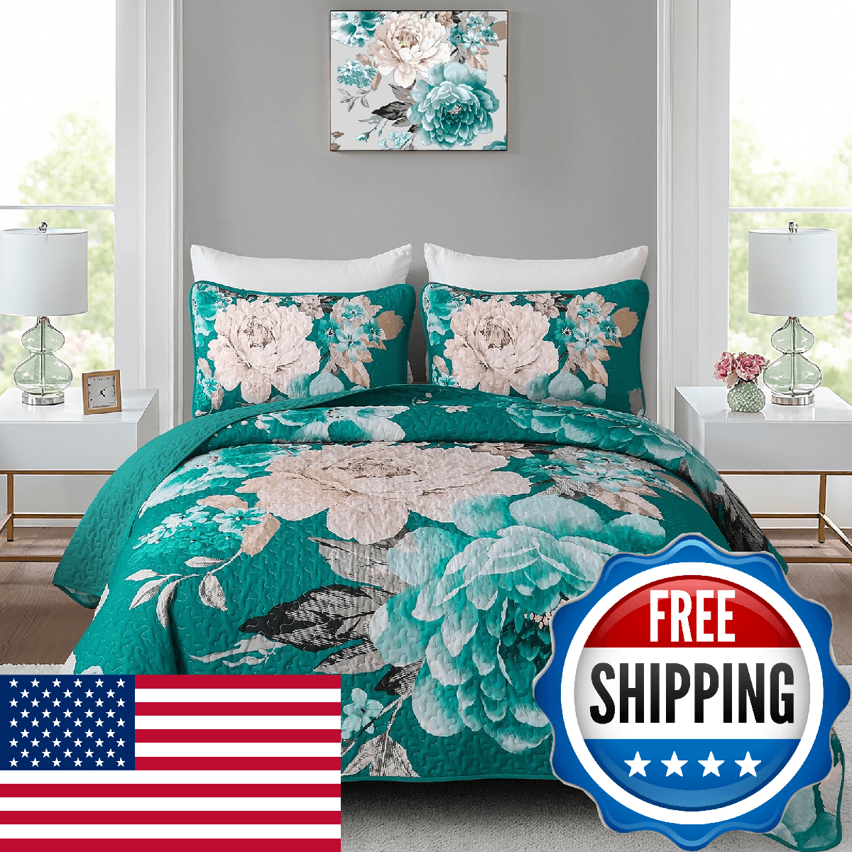 WONGS BEDDING Teal Boho Floral Quilt Set King, 3 Pieces Elegant Flower Bedspread - Image 1