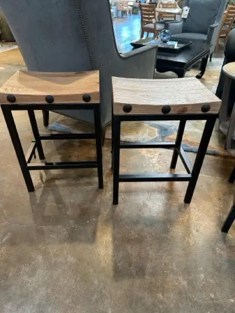 Set of 2 Solid Wood & Metal Industrial Counter Height Bar Stools