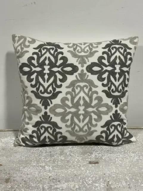 Grey & White Embroidered Geometric Damask Pillow - Image 1