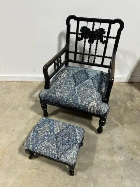 Antique Spindle Back Arm Chair With Rose Motifs Blue Upholstery And Footstool - Image 1