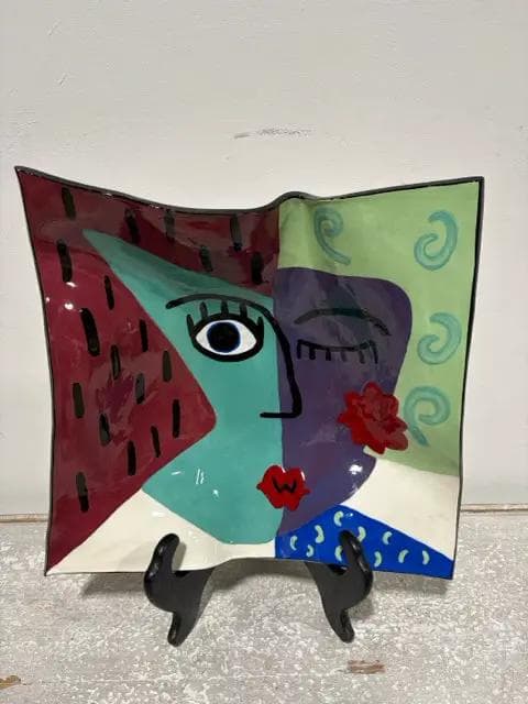 Abstract Multicolor Cubist Style Hand Painted Ceramic Bowl On Stand - Image 1