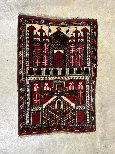 2'x4' Maroon, Navy, Orange & Cream Afghan Tribal Mosque Rug - Image 1