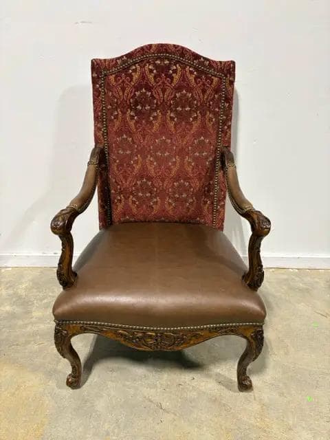 Century French Provencial Carved Wood Armchair with Leather Seat And Nailheads - Image 1