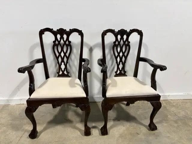Set of 2 Carved Chippendale Style Dining Room Arm Chairs - Image 1