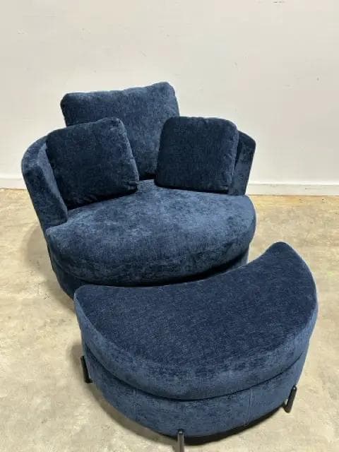 Blue Upholstered Swivel Chair With Storage Ottoman - Image 1