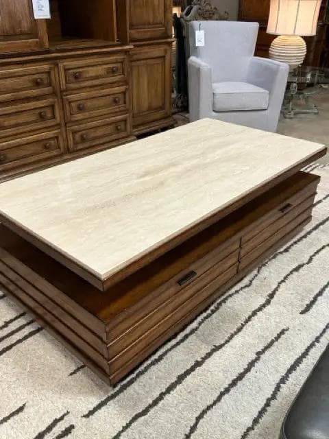 Tommy Bahama 2 Drawer Cocktail Table with Stone Top - Image 1