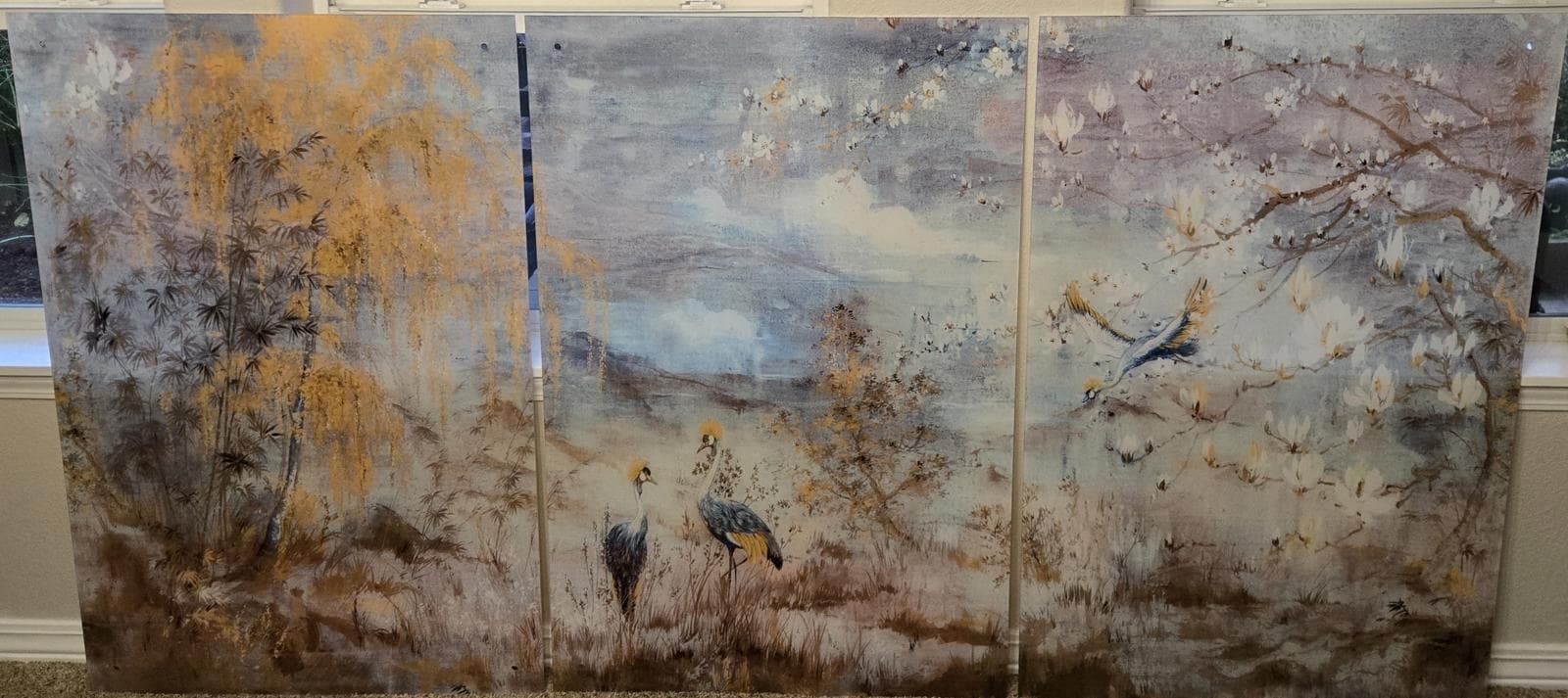 Nicolette Mayer Crested Crane Acrylic Triptych Wall Art, 96x48" overall, Delivery Included - Image 1