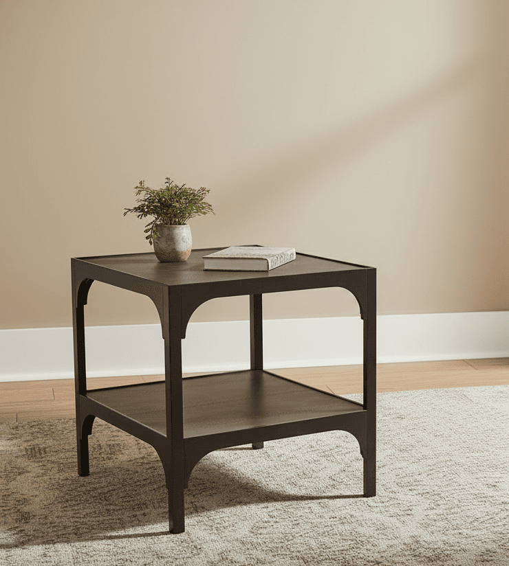 Savoye Solid Wood End Table w Faux Leather Top & Storage FFE-1186