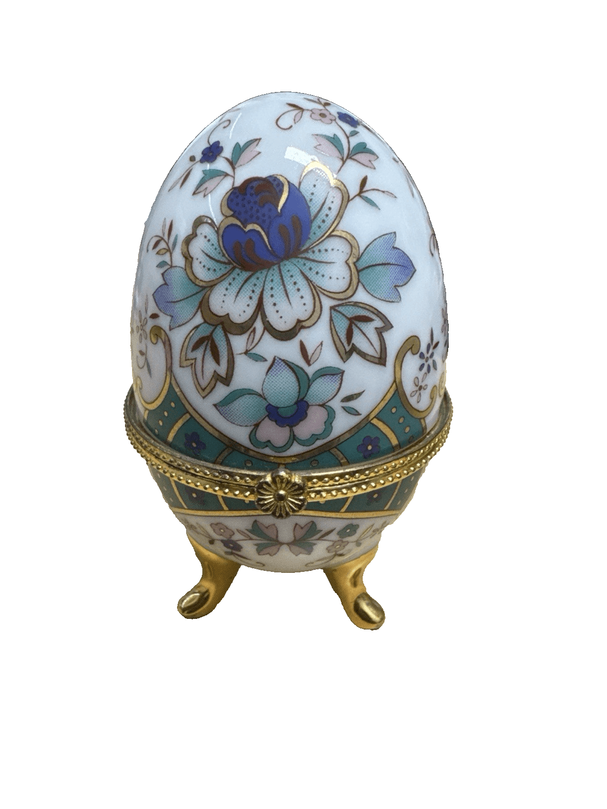 Egg Shaped Porcelain Multi Color Flower Floral Hinged Footed Trinket Box 4” - Image 1
