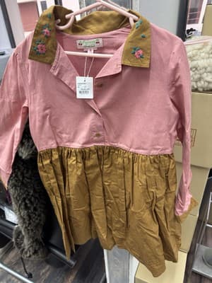 NWT Bonpoint Girl's Fatine Dress Long Sleeve Button Up Shirt Style Pink Tan 8 - Image 1