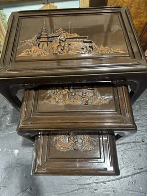 Vintage Engraved Nesting Tables Oriental Rose Wood Beautiful - Image 1
