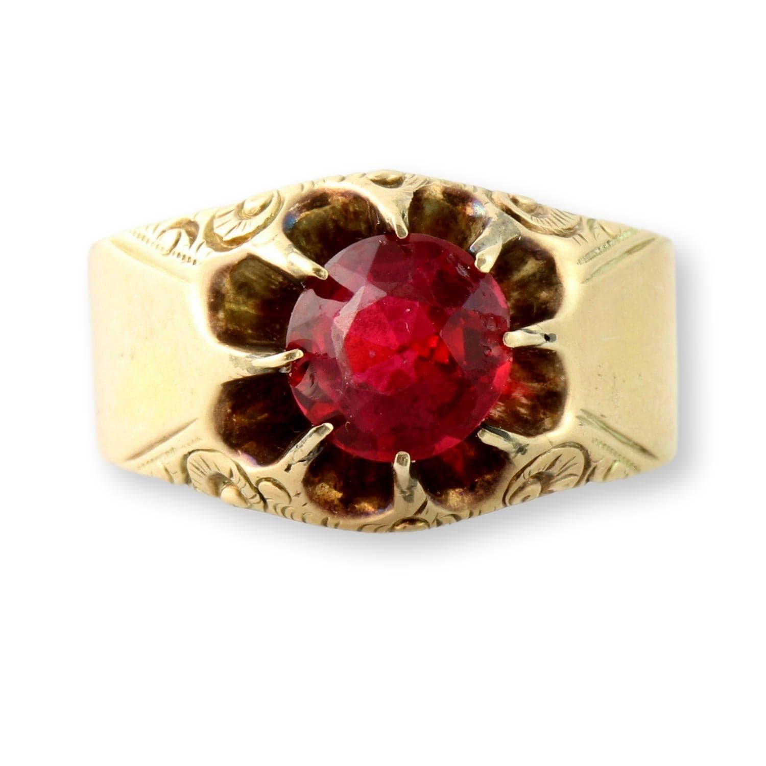 Antique Ruby & Glass Doublet Ring 14K Gold Large Red Stone Handcrafted Victorian Edwardian - Size 10.75