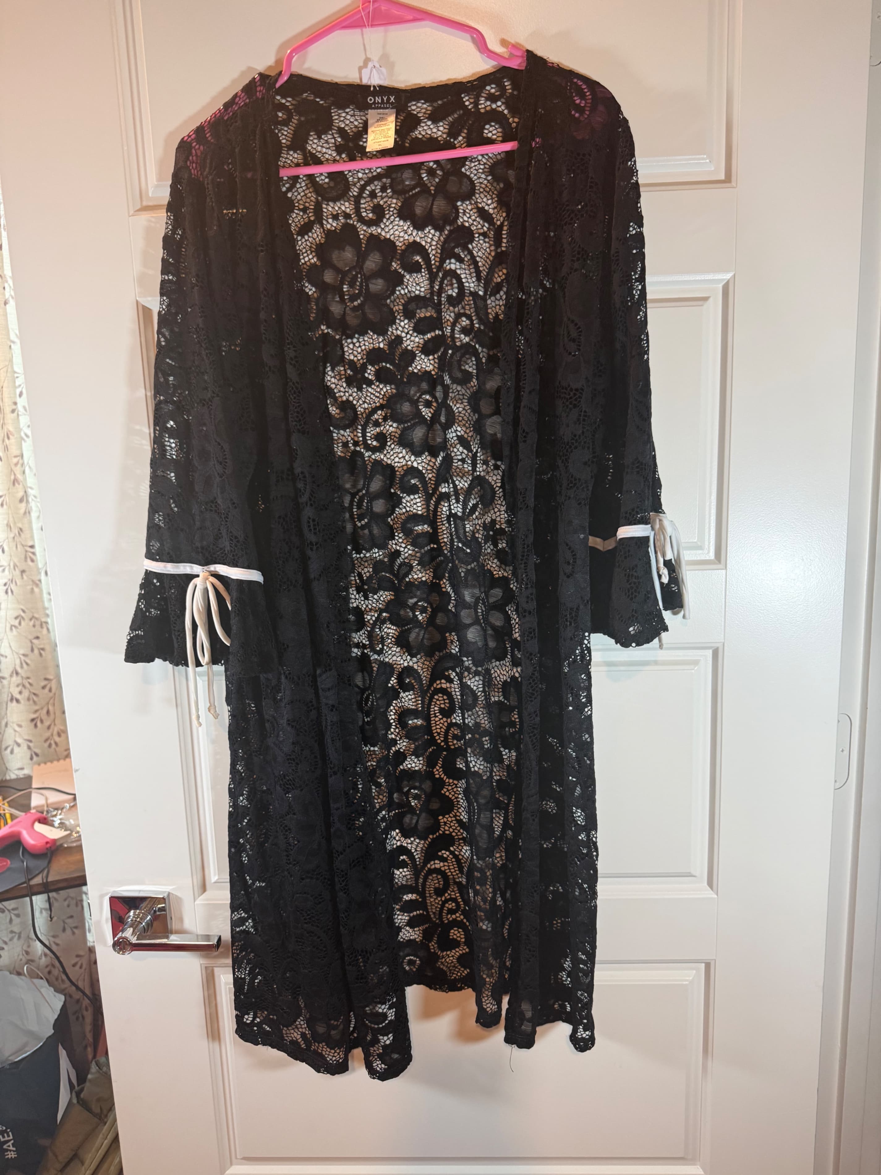 Onyx Black Lace Kimono with Ribbon Detail - Image 1