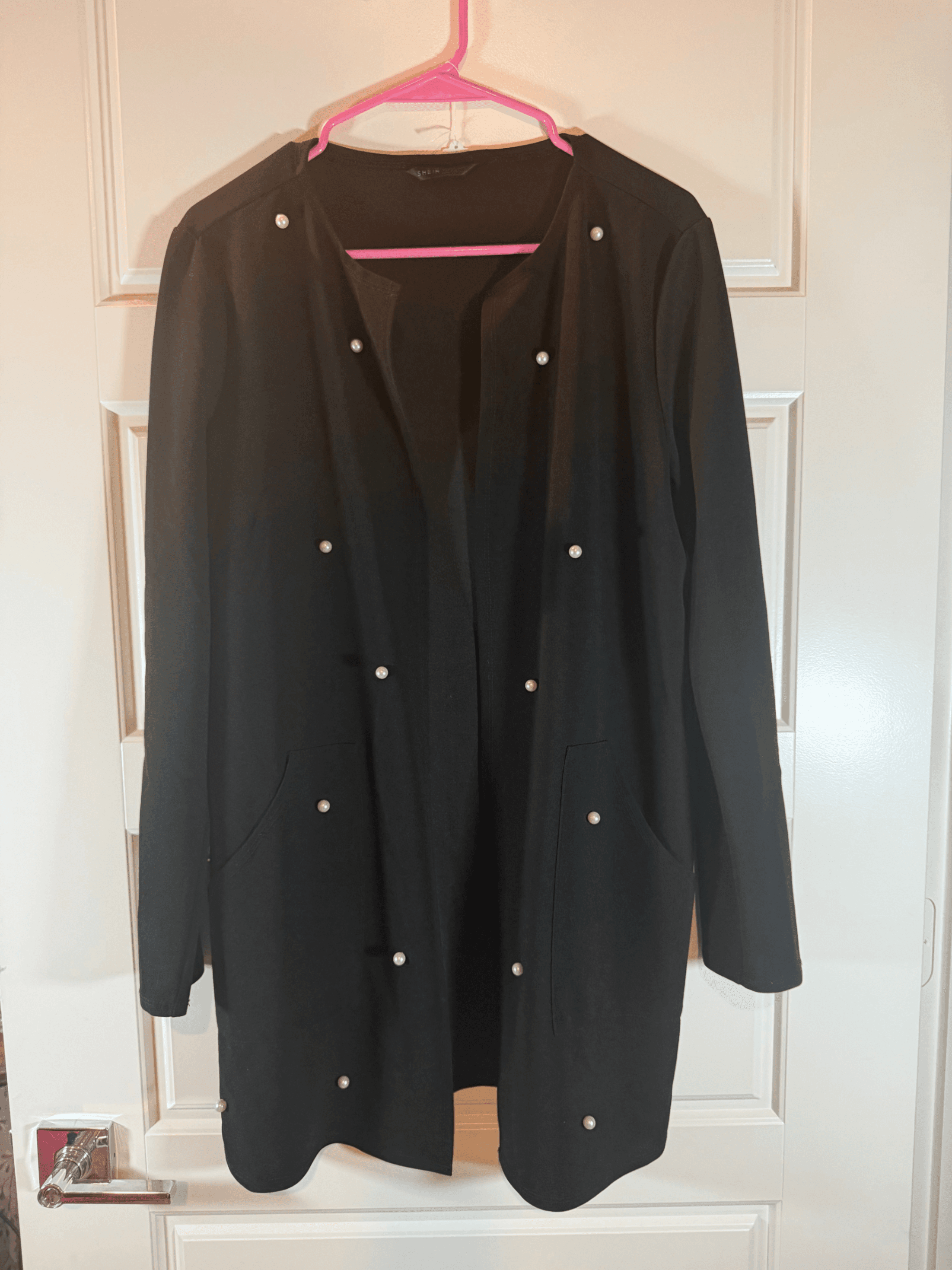 Black Longline Coat with Pearl Buttons - Image 1