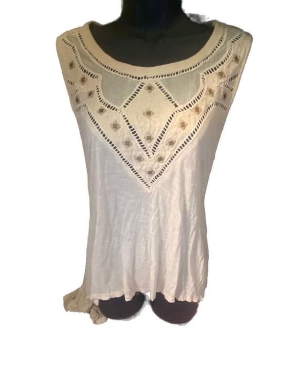 Free People Catrina Twist Back Embellished Tank Top Beige Boho Studded Blouse - Image 1