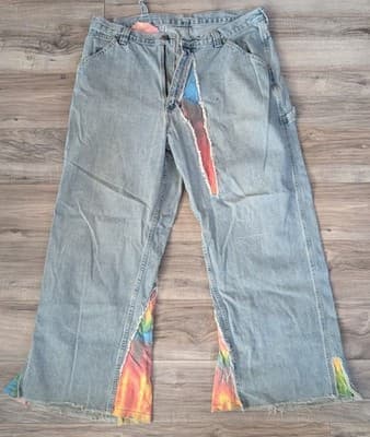 Vintage Lee Riveted Dungarees Custom Tie-Dye Distressed Wide Leg Flare Jeans - Image 1