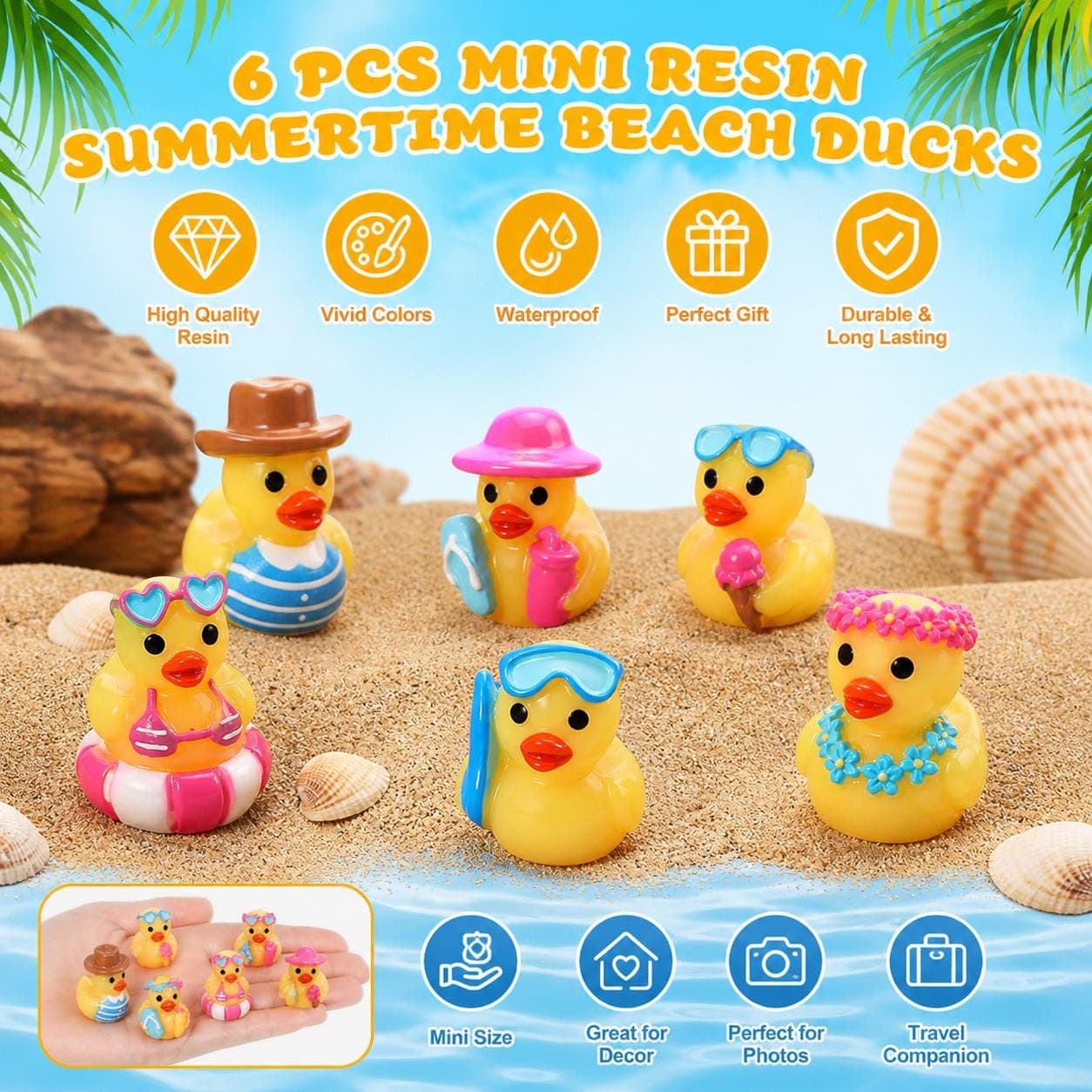 6 PCS Mini Resin Beach Ducks Set | Summer Ducks | Cruise Ducks | Jeep Ducks | Tiny Duck Figurines | Fairy Garden Decor | Pool Party Favors | - Image 1
