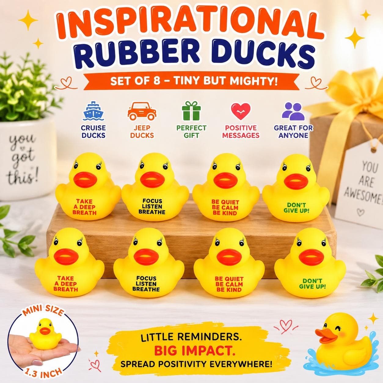 Set of 8 Inspirational Mini Rubber Ducks, Motivational Tiny Ducks, Positive Message Duck Party Favors, Cruise Ducks, Jeep Ducks, Desk Gifts - Image 1