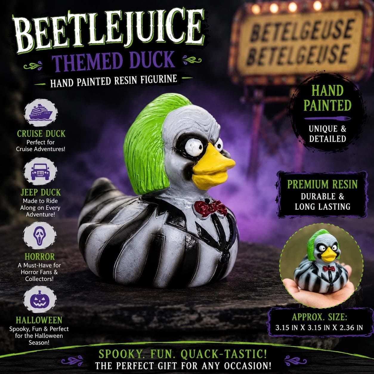 Beetlejuice Inspired Duck Figurine, Hand Painted Resin Horror Duck, Halloween Cruise Duck, Jeep Duck Decor, Spooky Collectible Gift - Image 1