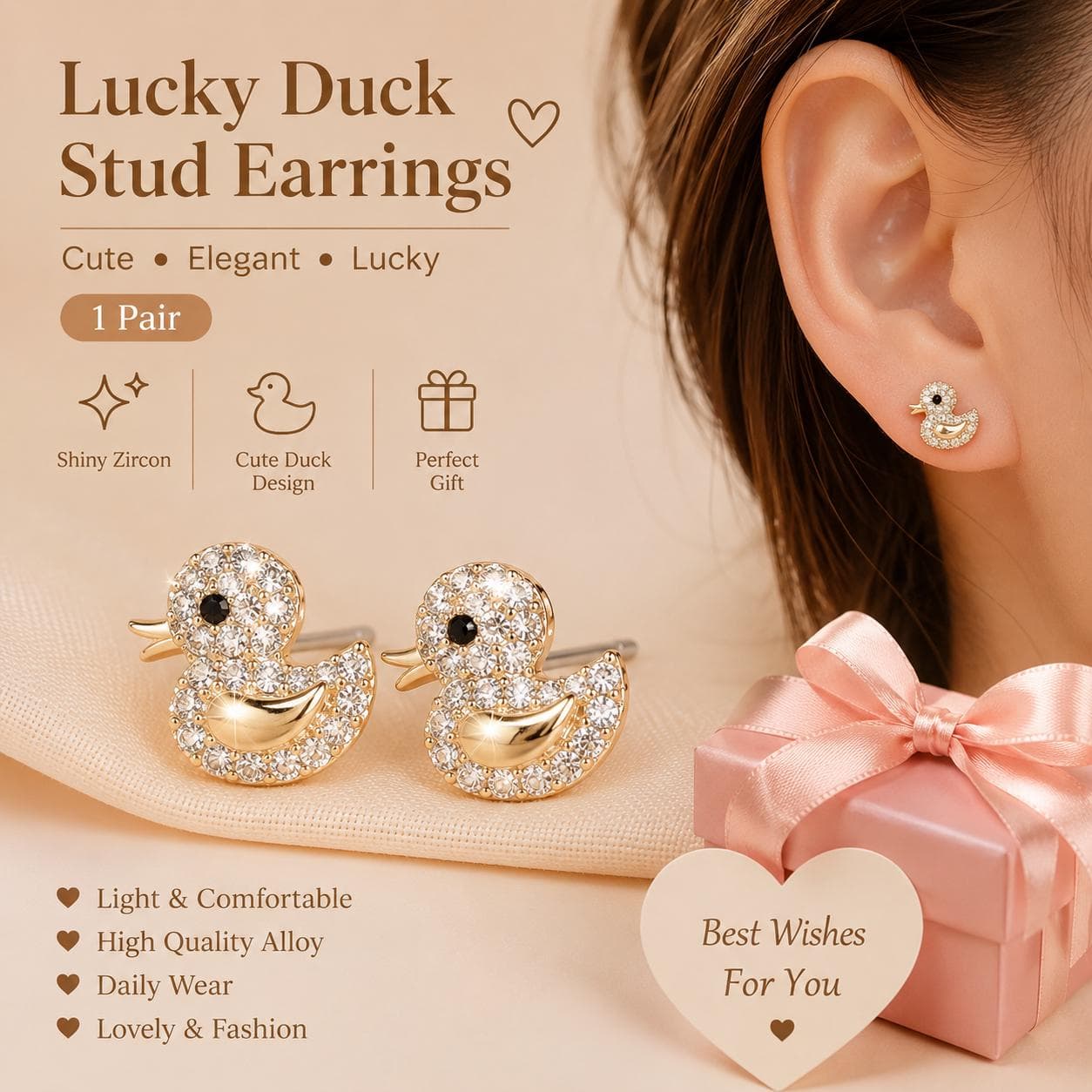 Lucky Duck Stud Earrings – 18K Gold Plated Cute Duck Earrings for Women, Sparkly Duck Ear Jewelry, Daily Wear Gift for Duck Lovers - Image 1