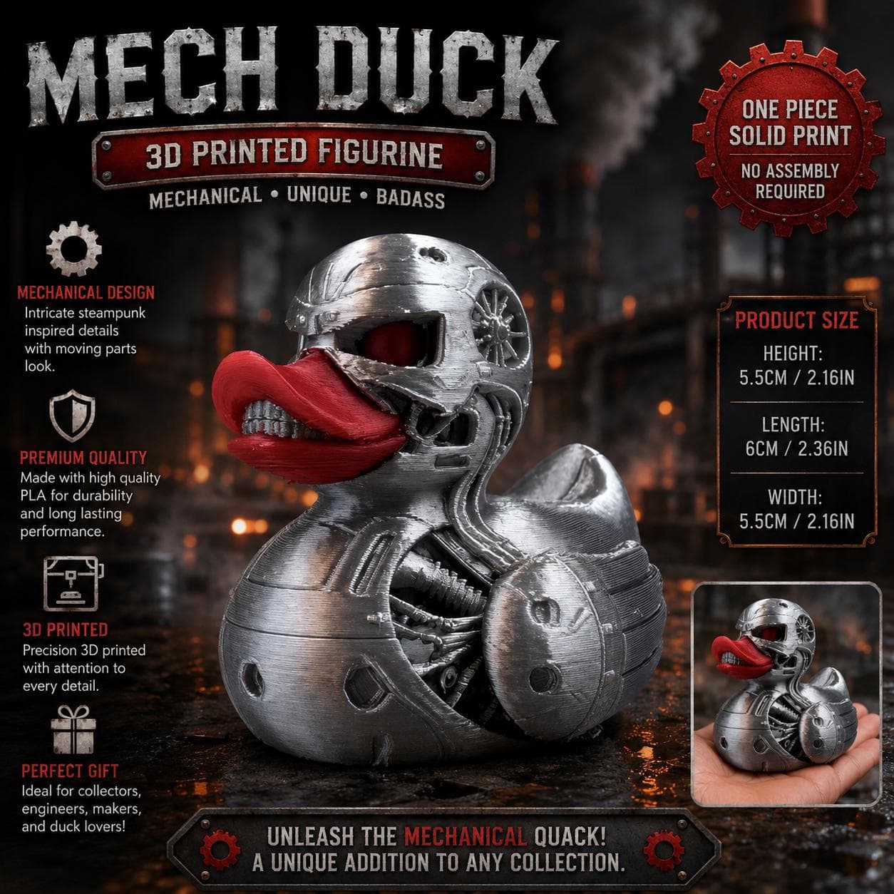 Mechanical Mech Duck Figurine, 3D Printed Robot Duck Collectible, Cyberpunk Duck Decor, Sci-Fi Cruise Duck, Jeep Duck Gift - Image 1