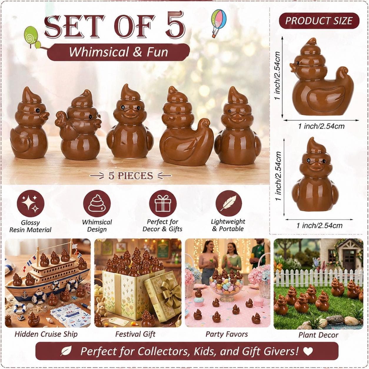 Set of 5 Mini Poop Duck Resin Figurines: Prank Toys, Cruise Ducks, Party Favors - Image 1