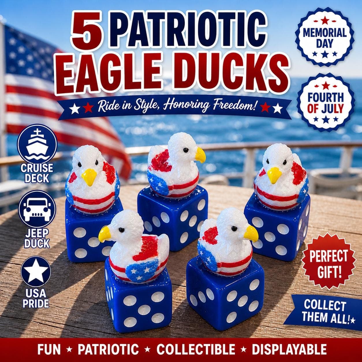 Set of 5 Patriotic Eagle Ducks on Blue Dice – Jeep & Cruise Ducks - Image 1