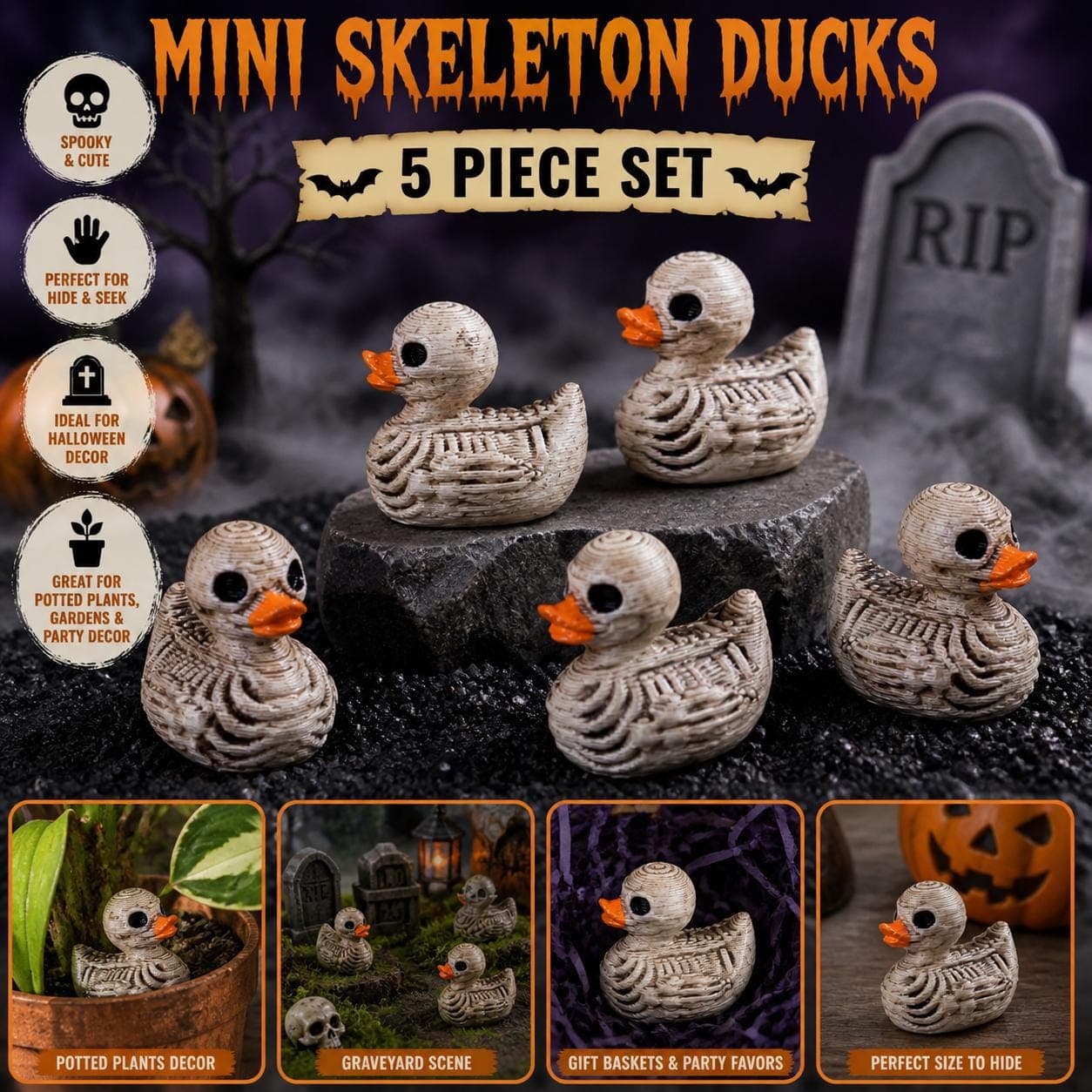 5pc Skeleton Duck Set, Horror Mini Ducks, Gothic Resin Ducks, Jeep Ducks, Cruise Ducks, Tiny Ducks to Hide, Spooky Cute Decor - Image 1