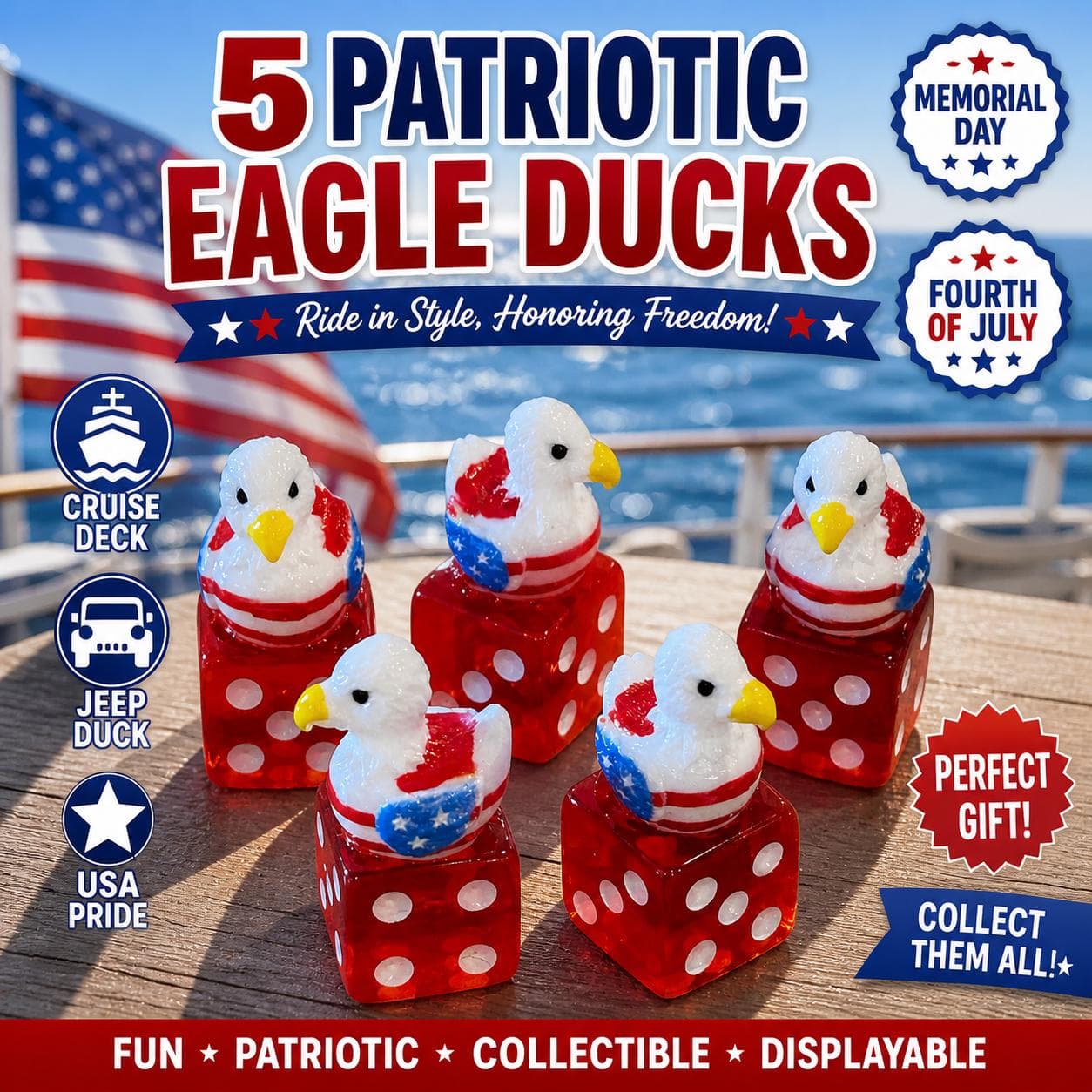 Set of 5 Patriotic Eagle Ducks on Red Dice – Jeep & Cruise Ducks - Image 1